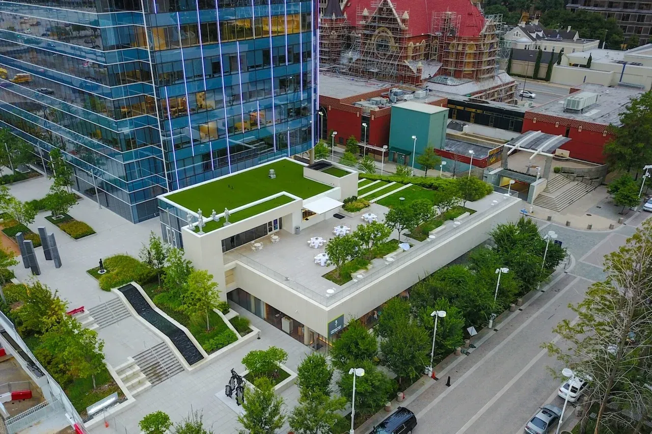 The plaza and terrace lawn from above