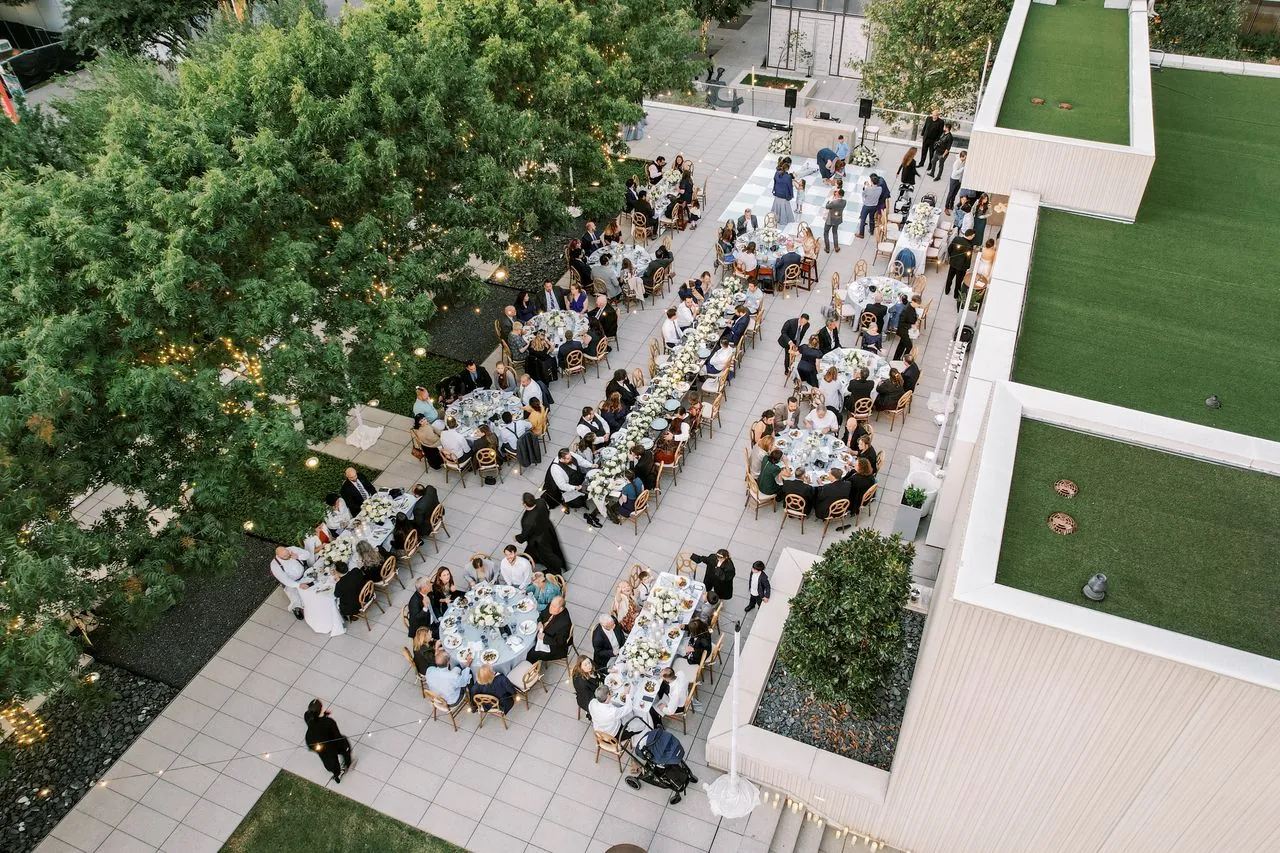 An aerial view of the terrace and lawn